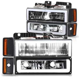 DNA MOTORING Square Box Style LED DRL Headlight+Bumper Signal+Corner Lamps Set Compatible with 88-93 Chevy C/K1500-3500,Black/Amber,HL-LB5-8P-C1088-BK-AM