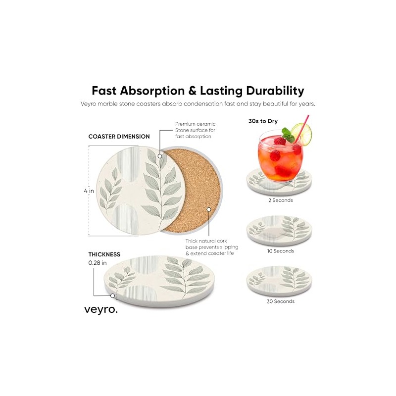VEYRO Absorbent Ceramic Coasters Set of 6 with Holder