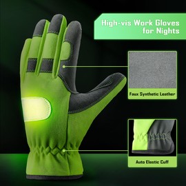 COOLJOB Hi-vis Reflective Safety Work Garden Gloves for Men Women, Faux Leather Utility Mechanic Gloves with Grip, 2 Pairs, Small, Yellow
