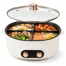 4-Compartment Hot Pot, 6L Large Stew Pot with Divider, Dual Knob Independent Temperature Control, Shabu Shabu Pot Perfect for Family Dinners and Parties