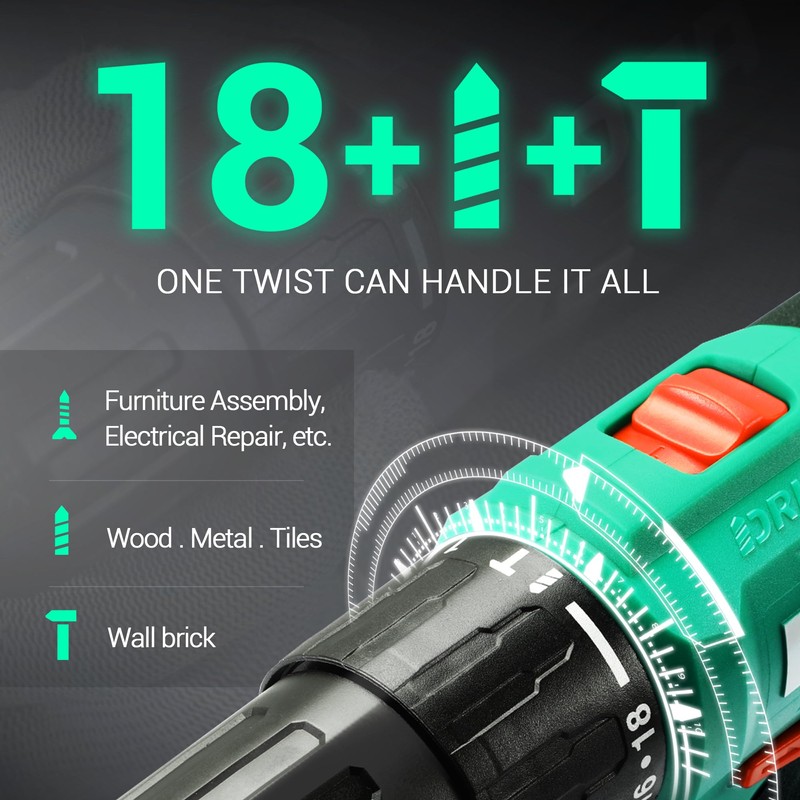 DCA 20V Cordless Hammer Drill Set, 354 In-lbs Torque, 1/2"
