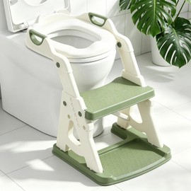 Potty Training Toilet Seat, Stable Potty Training Seat with Step Stool, 2 in 1 Toddler Toilet Seat with Steps for Kids Boys Girls, Toddler Potty Seat with Ladder, Splash Guard, Anti-Slip Pads (Green)