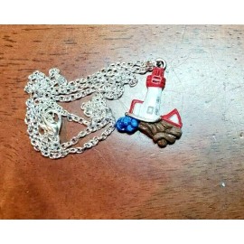Wild Coast Crafts Hand Painted Lighthouse with Sterling Silver Plated 18" Chain