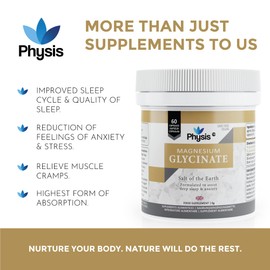 Physis Magnesium Glycinate | 60 Tablets | Vegan Magnesium Supplements for Sleep | 200mg - 400mg Daily | Non GMO, Dairy & Gluten Free | Helps Sleep & Anxiety Assist | High Bioavailability