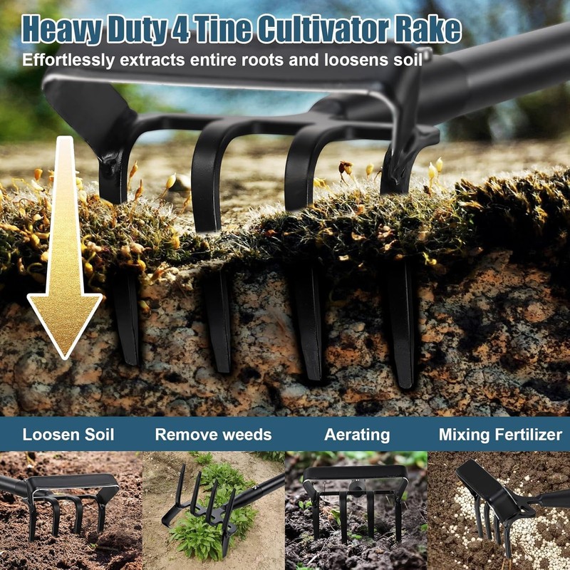 Garden Hoe, 2-in-1 Stirrup Action Hoe with 4-Tine Cultivator Rake,