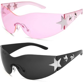 Haqptul Rimless Y2K Sunglasses Star Wrap Around Glasses 2000S Accessories for Women Men Trendy Fashion Cool Shield Shades (Black, Pink)