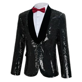 Men's Sequins Suit Shiny Jacket Sparkly Blazer Glitter Clothes Party Tuxedo Prom Festival Costume(Z3004BK,XL)