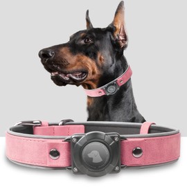AirTag Dog Collar - Leather Dog Collar with Air Tag Holder | IPX8 Waterproof, Reflective, High - End, Adjustable Soft Padded | Dog GPS Tracker Collars Fit for Medium Large Dogs (Pink, XL)