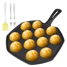 DOERDO Takoyaki Maker 12 Holes Takoyaki Pan Cast Iron Octopus Meat Ball Mold Nonstick Baking Tray for Octopus Balls, Brush and 2 Forks