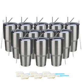 MEWAY 30oz Insulated Tumbler With Lids and Straws,Stainless Steel Double Vacuum Coffee Tumbler Cup, Brush, Durable Powder Coated Coffee Cup for Cold & Hot Drinks, Office, Travel(Silver,12 PACK)
