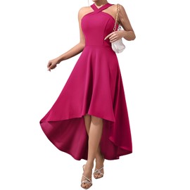 DRESSTELLS Cocktail Dress for Wedding Guest 2025, Homecoming Pink Halter Sleeveless Party Club Maxi High Low Prom Dress Fall Fuschia S