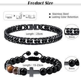 Dochais Men's Stainless Steel Bracelet, 21 cm / 23 cm Length, Men's Bracelets 8 mm Width, Cuban Bracelet, Men's Silver Black, Cross Natural Stone Bracelets, Pack of 2, Stainless Steel