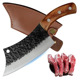 Cuchillo Vikingo Martillado de Acero de Alto Carbono, Cuchillo Carnicero Forjado a Mano con Vaina, para Hogar, Camping, Barbacoa, Restaurante, Corte de Carne