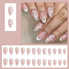 24 Pcs Pink Press on Nails Short Almond - YEFIUO Small Flowers Nail Tips Acrylic Nail Kit Nail Art Fake Nails Press ons with White French Design Full Cover Glitter False Nails Glue on Nails for Women