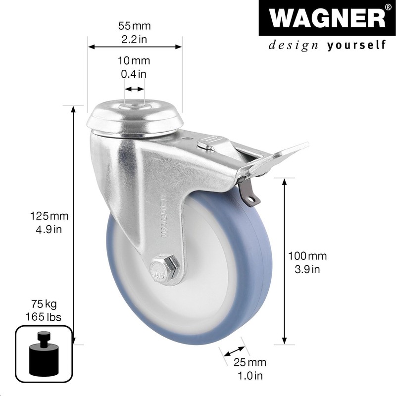 WAGNER Soft swivel castor with back hole, diameter 100 mm,