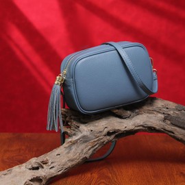 Italian Genuine Leather Tassel Crossbody Purse Soft Shoulder Handbag for Women Snapshot Camera Bag Lightweight Evening Bag (Blue)