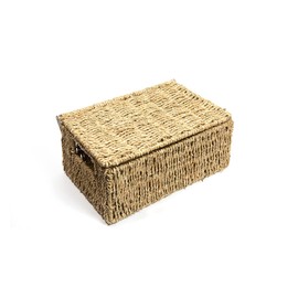 Woodluv Woven Seagrass Basket With Lid & Inset Handle, Natural Storage Baskets, Shelf Basket, Gift Hamper basket, Perfect Organizing and Storage Basket, Medium