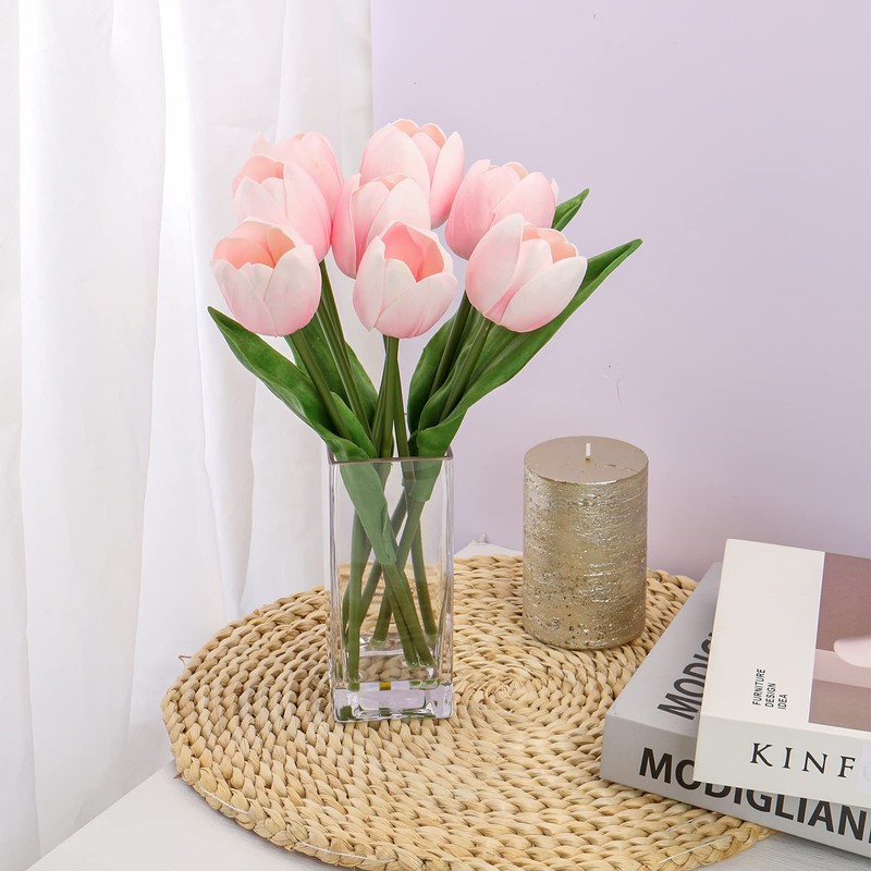 Briful Fake Flowers Artificial Tulip Flower Pink in Clear Vase,