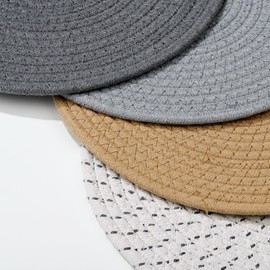 fanquare Placemats Set of 4, Round Cotton Braided Place Mats, Non-slip Washable Heat Resistant Table Mats Coaster Dinner Table Kitchen(Linen,grey,light grey,grey point,30cm)