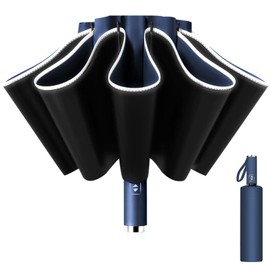 Poligono Windproof Umbrella, Large Pocket Umbrella for Men and Women, Inverted Umbrella 10 Ribs, Automatic Open and Close, Compact, Diameter 105 cm, darkblue