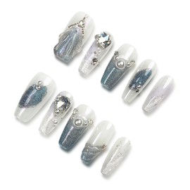 Wsliana Nails Handmade Press On Nails Medium Coffin False Nail, Seashell Style Glue On Nail Tips with Pearl & Diamond Accents, 10pcs Acrylic Fake Nails with Storage Box | Long-Lasting, Stylish(014 L)