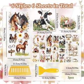 WANDIC 6PCS Animal Rub On Transfer Sticker, Farmhouse Flower&Animal Shed Decal for Home Party Present Packaging DIY Scrapbooking Albums Windows Furniture Decor,15 * 30cm