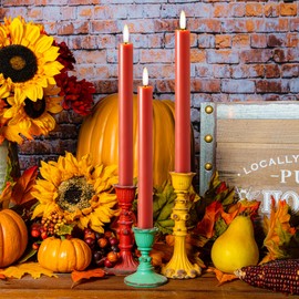 Velsyn Terra Cotta Flameless Taper Candles with Remote and Timer, 6 Pack LED Candlesticks, 10 Inch Fall Taper Candles Battery Operated with 3D Flickering Flame, Thanksgiving Candle for Table