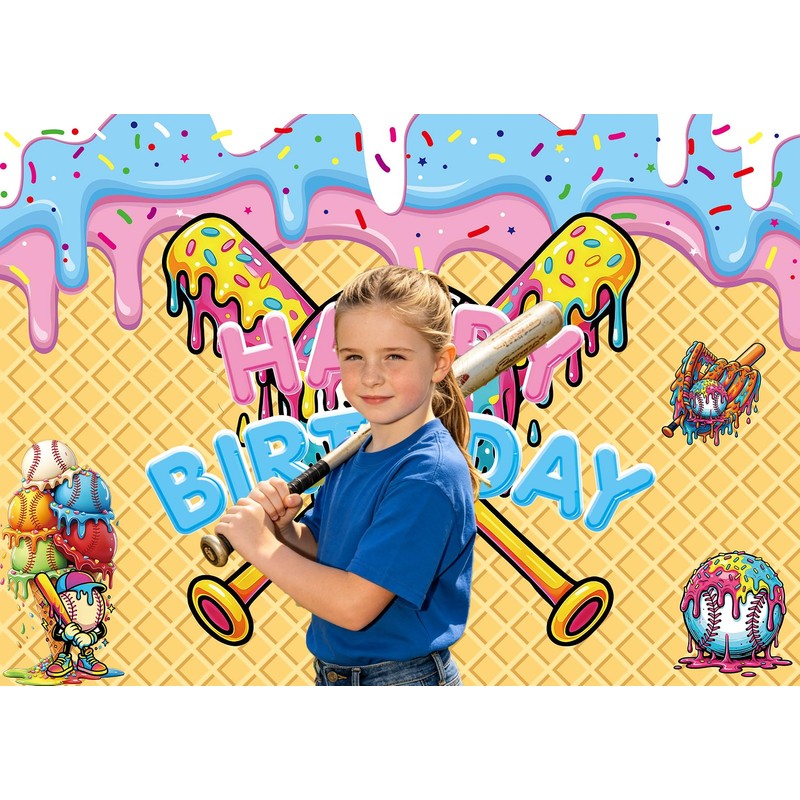 INRUI Ice Cream Drip Baseball Birthday Photography Backdrop 6x4FT