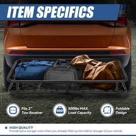 Auto Dynasty Universal Rear Fold-Up Tow Hitch Trailer Cargo Holder Carrier Basket Compatible with 2 Inch Tow Receiver Car Model, Carbon Steel, Black Powder Coated