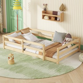 espidoo Twin Size Montessori Floor Bed: Pine Wood Kids Bed with Fence Guardrails - Safe Sleeping & Play Space for Toddlers Boys & Girls - Easy Assembly Natural Finish