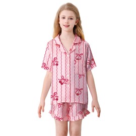 Umeyda Pajama Set for Girls Soft Silk Satin Button Down Pj Sets 3 Piece Sleepwear Loungewear, Pink Bow Cherry, 5-6 Years