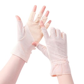 Tidyworm Women's UV Protection Gloves, Fingerless, Anti-slip, Smartphone Compatible, Short Gloves, UV Protection, Sunscreen, Thin, Summer Gloves, For Driving, Bicycle, Commuting, E Beige