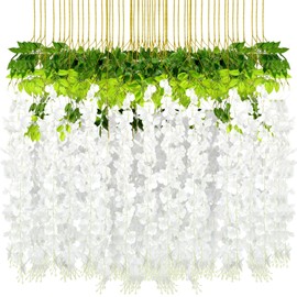 108 Pack 43.2 in/ 3.6 ft Artificial Fake Wisteria Hanging Flowers Wisteria Faux Flowers Garland Silk Vine Rattan Long Hanging Flowers String for Home Outdoor Wedding Party(White)
