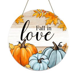 HEYINSHEN Fall Decor Fall in Love Front Door Sign Autumn Pumpkin Maple Leaves Door Decorations Farmhouse Wreath Sign Fall Wall Hanging Sign for Home Thanksgiving Harvest Decor Outdoor Indoor Decor