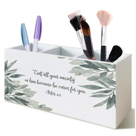 KRHFG Inspirational Bible Verses Pen Pencil Holder, Inspirational Gifts for Women, 1 Peter 5:7 Bible Scripture Botanical Pencil Holder Organizer for Office Desk Accessories