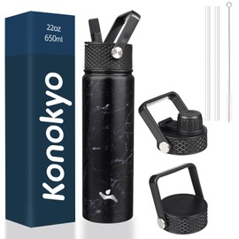 Konokyo 22oz Stainless Steel Bottles with 3 Lids Sport Insulated Water Bottle,Marble Midnight