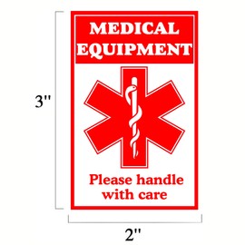 Medical Alert Equipment Luggage Tag Stickers 2x3inch Fluorescent Red Fragile Medical Equipment Inside Stickers Handle with Care Labels for Medical Supplies （8 Pack）