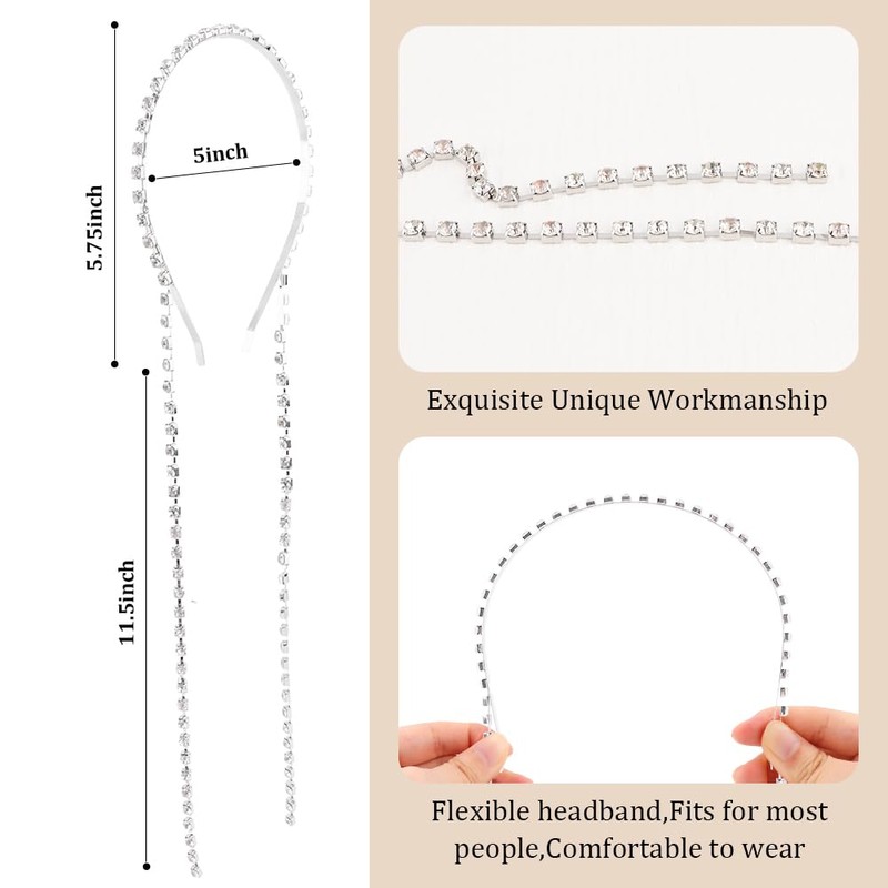 AHONEY Silver Rhinestone Headband Hairband Head Chain Tassels Wedding Crystal