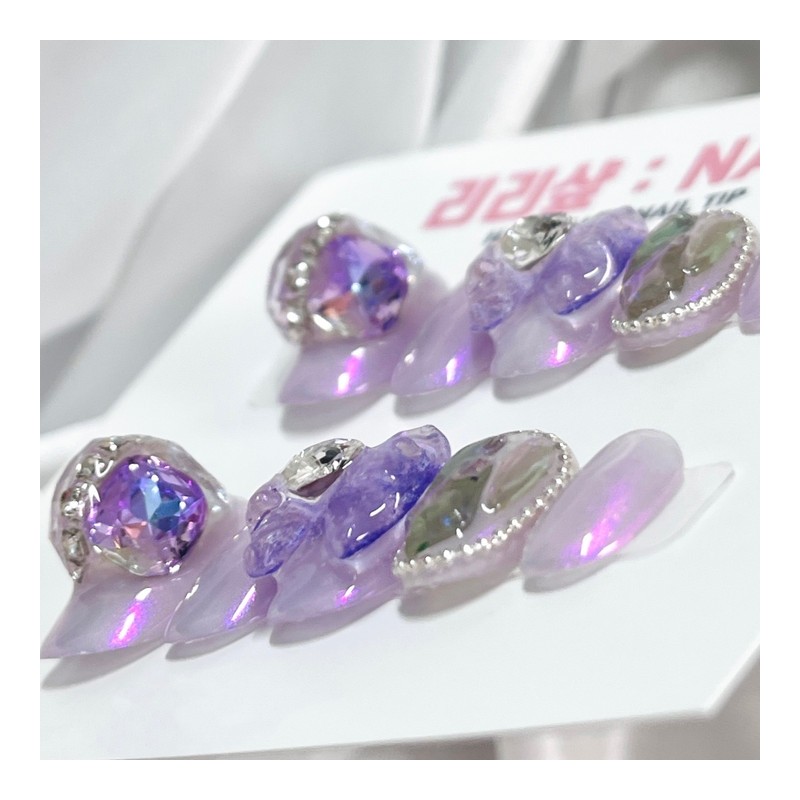 Purple Glass Bead Handmade Nail Tips - Stiletto / 보랏빛