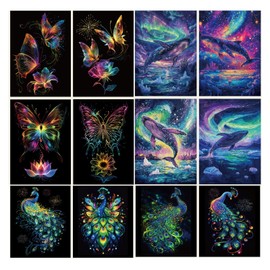 12 Pcs Glow in The Dark Scratch Art Rainbow Painting Paper with Pen, Rainbow Engraving Landscape Scratchboard(A4) for Adults, Fun Sketch Card Creative Craft (Ocean Butterfly Peacock)