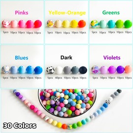 JEBBO 300Pcs Silicone Beads for Keychain Making Kit 15mm Silicone Print Beads Bulk 30 Colors Loose Round Rubber Silicone Focal Beads for Pens, Necklace Bracelet Making Kit, Jewelry, DIY Crafts