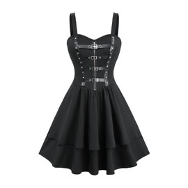 DRESSFO Womens Gothic Victorian Star Zipper PU Strap Buckle Grommet A Line Backless Sleeveless Tank Dress(Black/L)