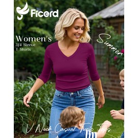 Ficerd 4 Pack Women's 3/4 Sleeve T Shirts, V Neck Casual Tunic Tops Loose Fit Cotton Shirts Solid Color Summer Tees(Black, White, Fuchsia, Navy Blue,Small)