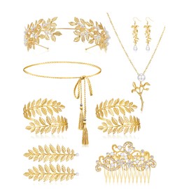 Xinnun 9 Pcs Greek Goddess Costume Accessories Toga Belt Leaves Crown Bracelet Headpiece Earrings Necklace for Women Bridal (Stylish) Gold