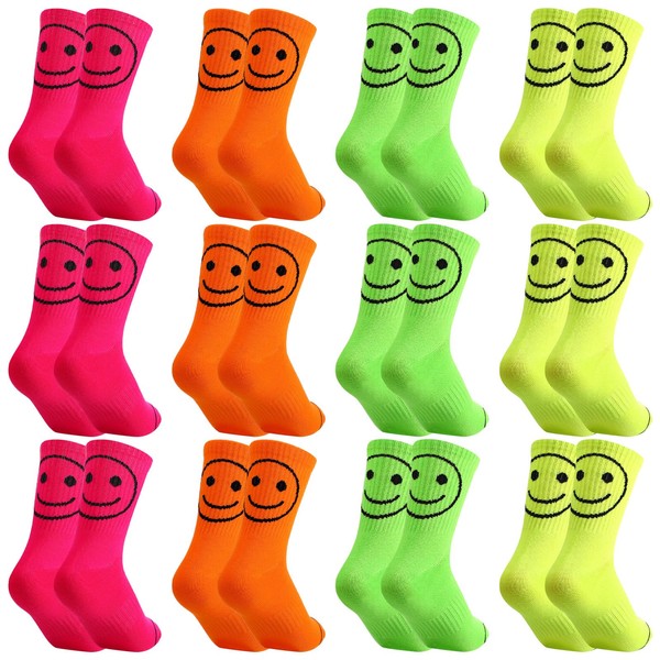 ShinyMatch 12 Pairs Neon Socks Cute Smiling Face Socks Neon