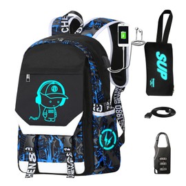 RM Family - Mochila luminosa para niños, 15.6 pulgadas con puerto de carga USB, Azul