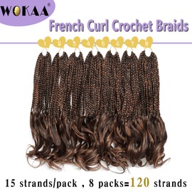 WOKAA French Curly Braiding Hair Pre looped 12 Inch 8 Packs Short Crochet Hair for Women Dark Brown mix Brown Crochet Box Braids with Curly Ends Synthetic Hair Extensions P4/30#