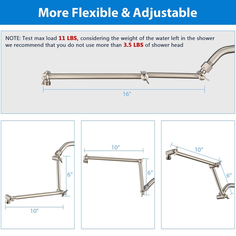PDPBath Brass 16 Inch Shower Head Extension Arm, Upgrade Flexible