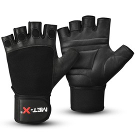 Met-X Weight Lifting Gloves, Leather Weight Training Gym Gloves Men & Women, Workout Equipment, Padded Palm Protector Deadlifting Gloves with Wrist Support, (Black, XS)