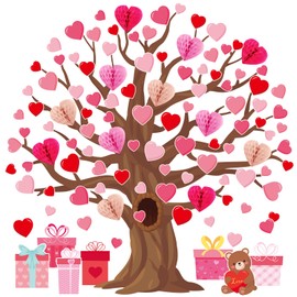 Buryeah 77 Pcs Valentine's Day Tree Bulletin Board Set 47 x 46'' Tree Background 3D Heart Honeycomb Owl Love Bulletin Board Cutouts for Valentine's Day Spring Home Classroom(Gift Boxes)